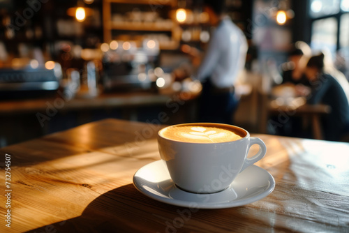 Cup of coffee on wooden table in cafe with morning light  Breakfast in restaurant