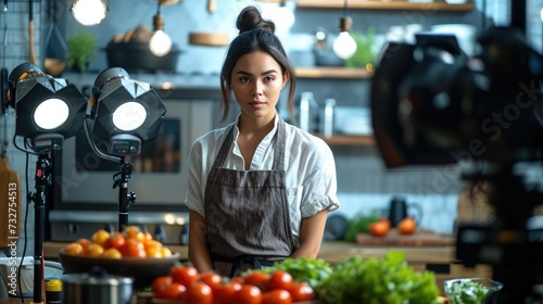 A woman in an apron is shooting a video in a kitchen studio. Generative AI.