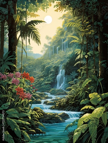 Tropical Oasis  Cascading Waterfall Art - Nature Print of a Serene and Tranquil Landscape