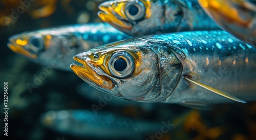 Capturing the intricate details of a sleek sardine, swimming gracefully with its fin in an underwater world of vibrant colors and endless possibilities for fish supply and marine biology enthusiasts  © familymedia