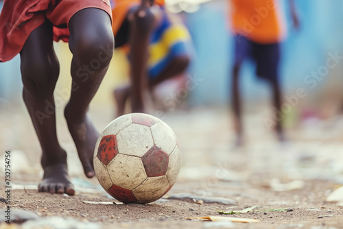 African children playing soccer at street. Black boys having fun in poor village. Cropped image of legs kicking ball © Lazy_Bear