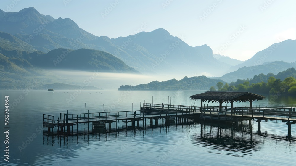 Serene lake landscape with a jetty and mountains in the background, conveying tranquility and natural beauty during early morning haze Serene lake landscape with a jetty and mountains in the background, conveying tranquility and natural beauty during early morning haze