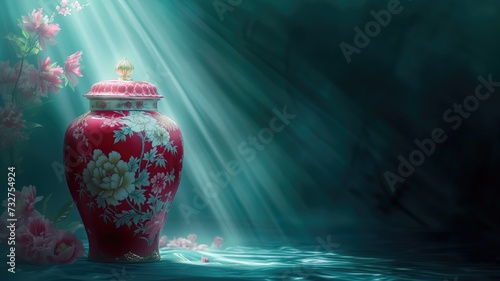Elegant red vase with intricate floral design submerged in water with light rays and flowers photo
