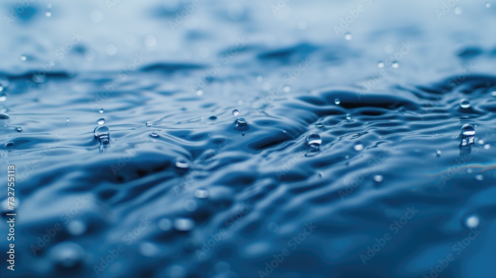 Pristine water droplets on a calm blue surface, capturing the essence of tranquility and purity in a minimalist setting Pristine water droplets on a calm blue surface, capturing the essence of tranquility and purity in a minimalist setting