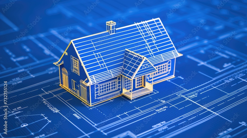 Digital concept of a blueprints-style 3D house model, symbolizing architecture, design, construction, and real estate planning Digital concept of a blueprints-style 3D house model, symbolizing architecture, design, construction, and real estate planning