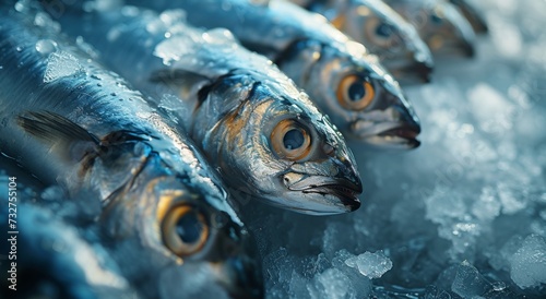 A frozen school of sardines, once lively creatures of the sea, now still and preserved for consumption as a delicacy in the world of fish products