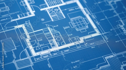 Blueprints spread across a table, detailing architectural plans and design with precise measurements and annotations