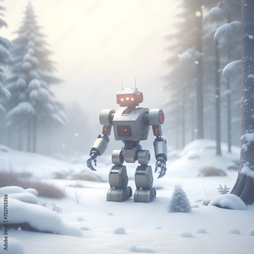 Naklejka premium robot in winter forest