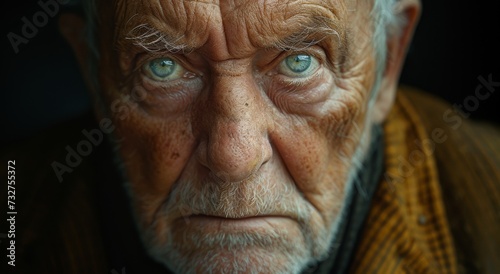 The closeup portrait of a senior citizen with green eyes reveals a lifetime of stories etched into his wrinkled skin and furrowed forehead © familymedia