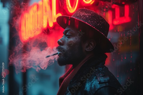 Amidst the lively concert atmosphere, a man in a red hat stands out as he takes a drag of his cigarette, his human face shrouded in smoke and mystery photo