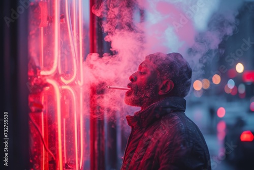 A fiery red glow illuminated the night as the man's cigarette emitted a trail of smoke, painting a mesmerizing portrait of light and dark photo