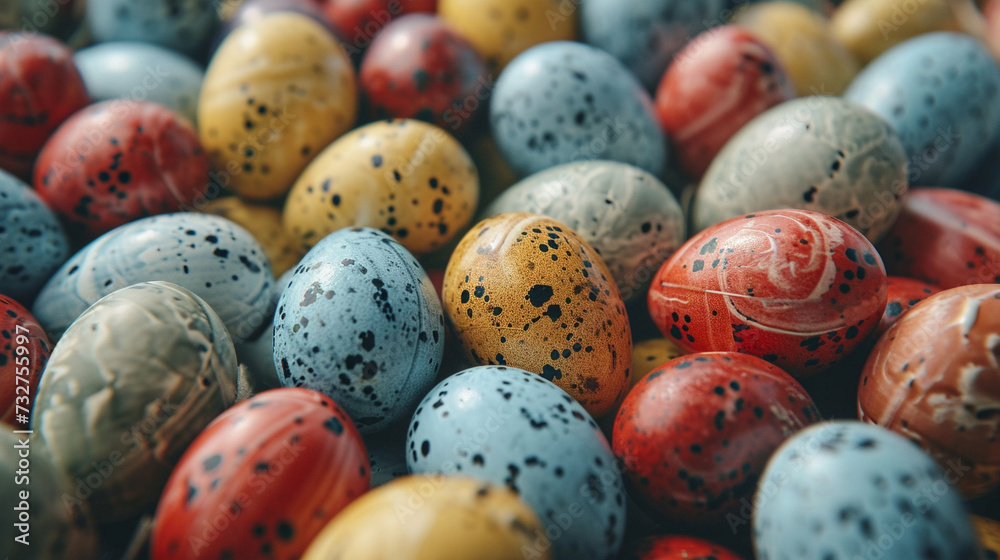 View from above to an easter colorful eggs. Closeup. Traditional rustic style. Orthodox Easter concept. For design, banner, poster, menu, print, poster, interior, flyer, card, banner, church