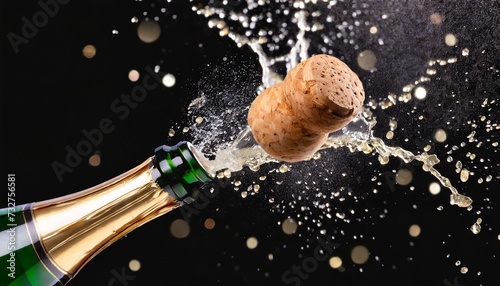 champagne cork popping and splashing on black background