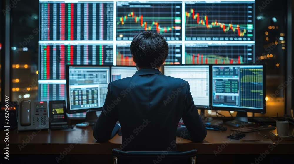 Japanese man is monitoring stock prices. Generative AI. - obrazy, fototapety, plakaty 