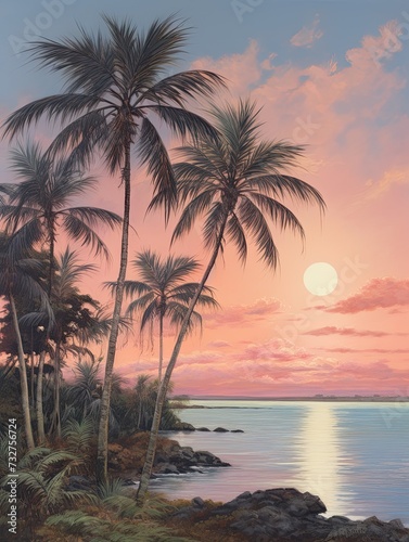 Vintage Palm Beach Twilight Scene Nature Artwork - A Captivating Digital Painting