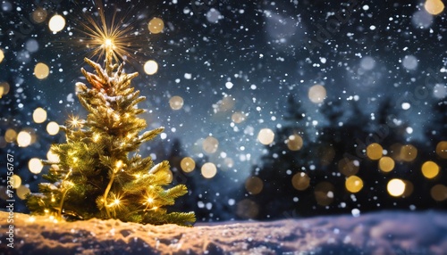 illuminated christmas tree at night with falling snow and copy space