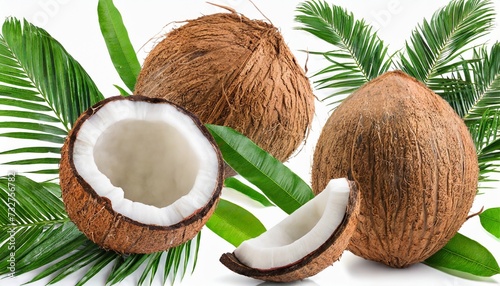 coconut with leaves on white background set or collection