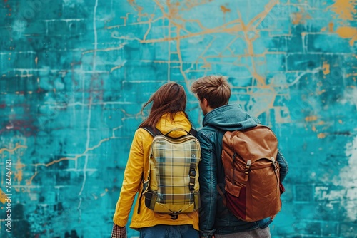 Young couple standing and looking on city map