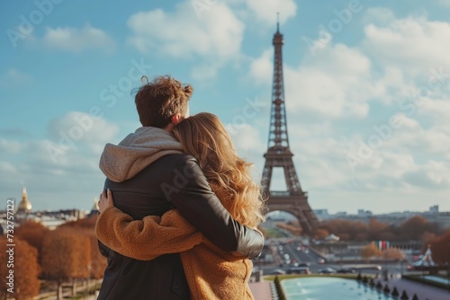 Back view of young couple standing in front of Eiffel Tower in Paris