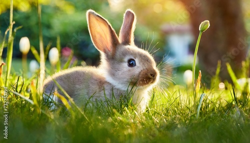 cute little bunny in grass with ears up looking away
