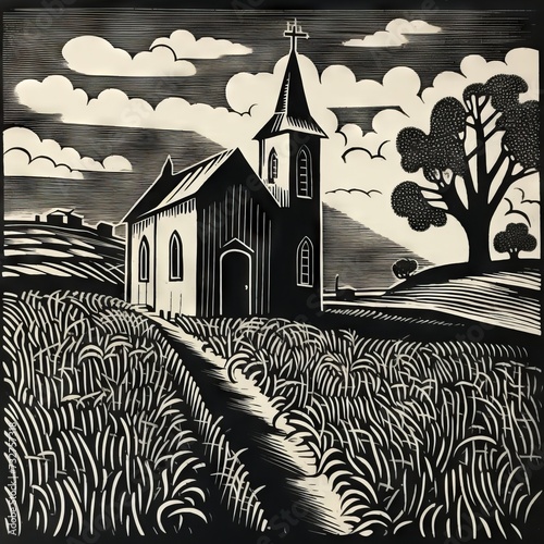 Black and white interwar woodcut of a small church at the end of a country road through a meadow with tall grass, simple and stylized. From the series “Golden Age.