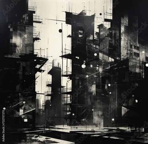 Black and white painting of an abstract cityscape, complex overlaid scene with skyscrapers and aerial lights. From the series “Abstract Noir."