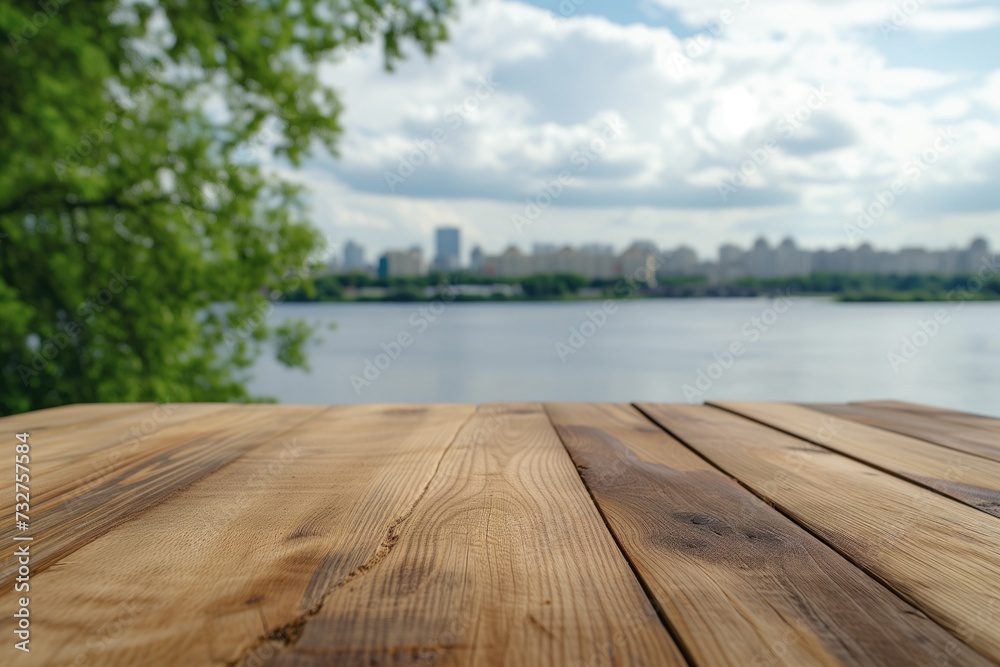 Empty wooden table in a restaurant against the background of a lake or bay city with space for products, inscriptions or text