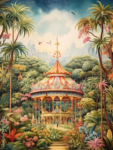Vintage Fair: Whimsical Carousel Rides in a Panoramic Landscape Print - A Magical Nature Scene
