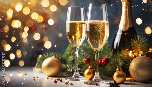 glasses of champagne or sparkling wine in a festive atmosphere merry christmas and happy new year concept