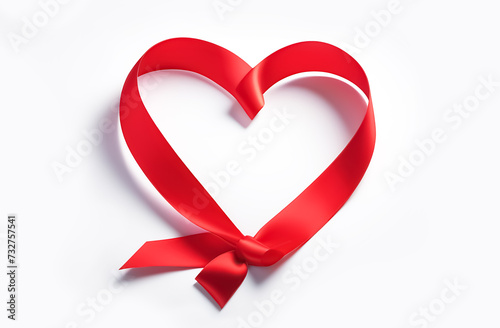 Red heart made of red satin ribbon on a white background. Horizontal format.