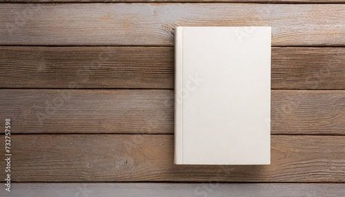 blank book cover template with page in front side standing on white wood background flat lay