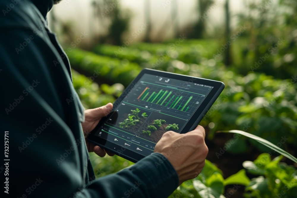 Farmer's tablet on a modern farm. Background with selective focus and copy space