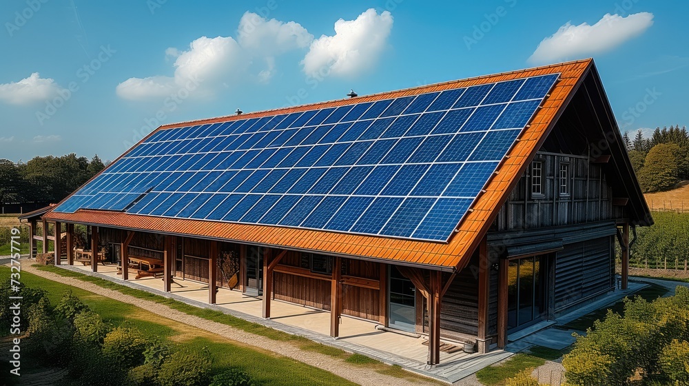 A solar cell roof system on a large barn on the farm. Generative AI.
