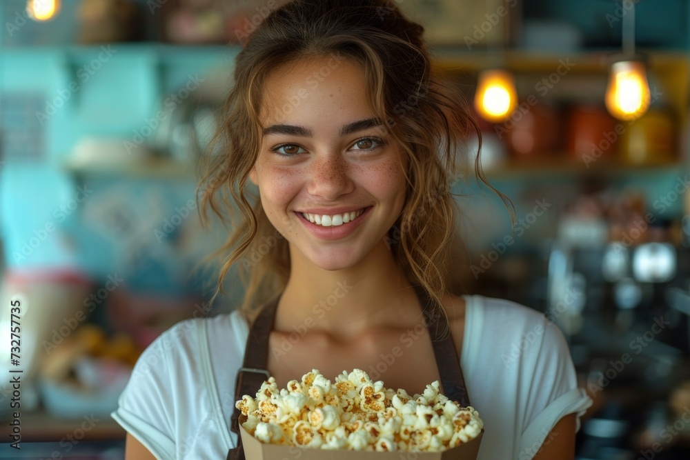 A woman sells popcorn. Background with selective focus and copy space A woman sells popcorn. Background with selective focus and copy space