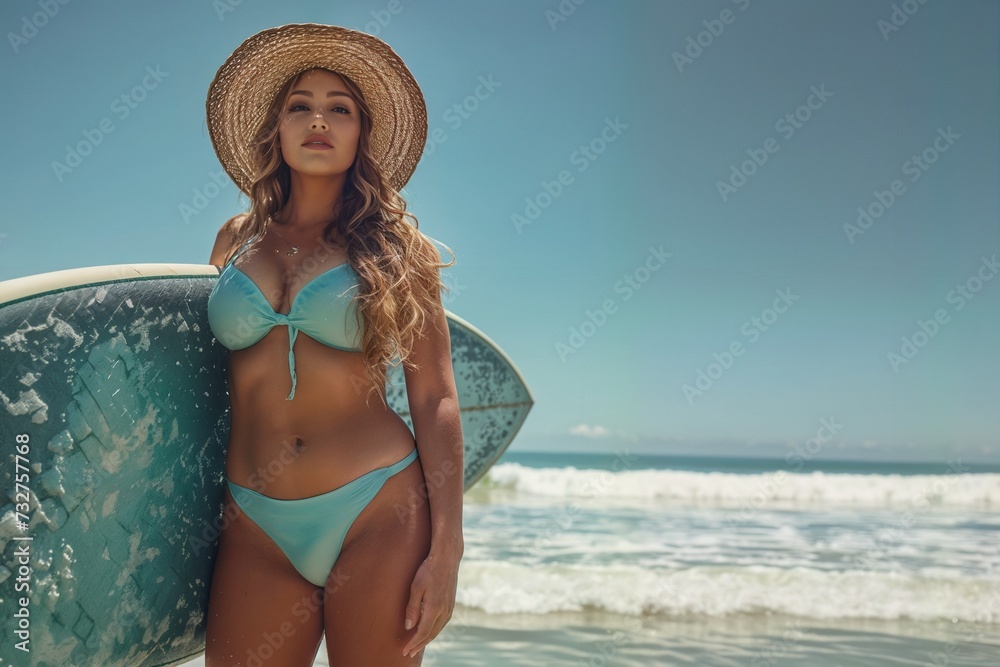 Beautiful plus size woman model resting on the seashore. Background with selective focus and copy space