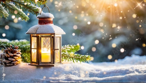 christmas lantern on snow with fir branch in the sunlight winter decoration background © Alexander