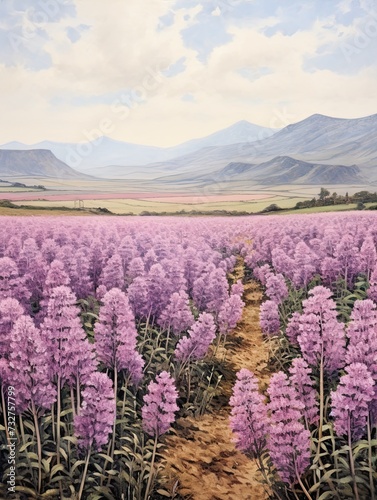 Panoramic Lilac Fields  Vintage Nature Art Print