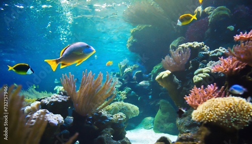 tropical sea underwater fishes on coral reef aquarium oceanarium wildlife colorful marine panorama landscape nature snorkeling diving