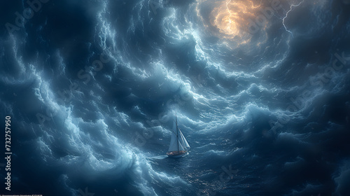 A mind in turmoil as a raging storm at sea, where lightning strikes represent sudden ideas and towering waves embody overwhelming emotions photo