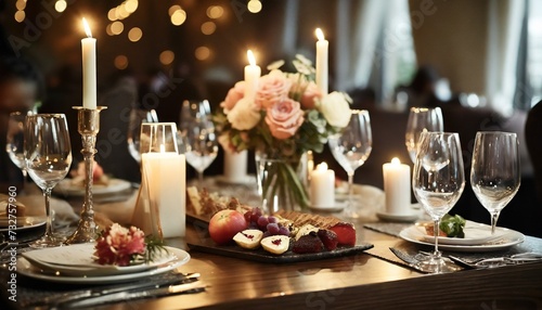 elegant and select wedding decoration restaurant table wine glass and appetizers on the bar table soft light and romantic atmosphere dinner service menue guests candle photo