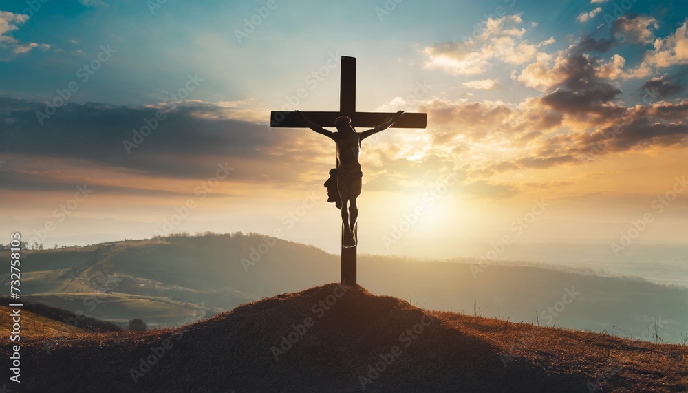 silhouette jesus christ crucifix on cross on calvary sunset background concept for good friday he is risen in easter day good friday jesus death on crucifix world christian and holy spirit religious