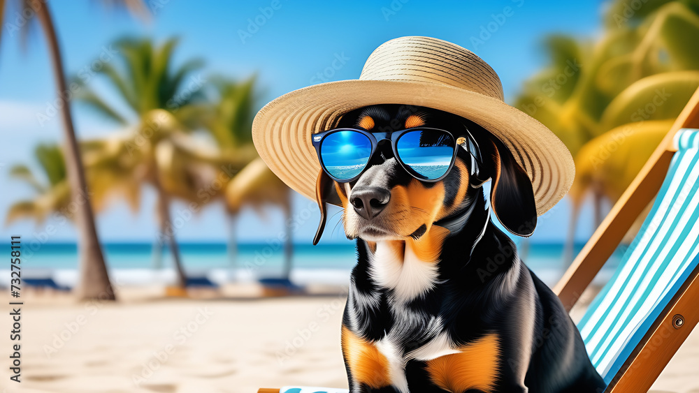 Banner. Dog in hat and sunglasseschair on tropical beach. summer vacation concept