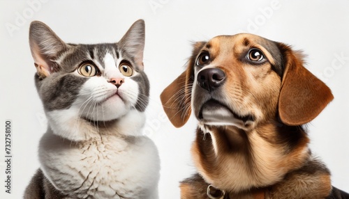 banner with a cat and a dog looking up on white background