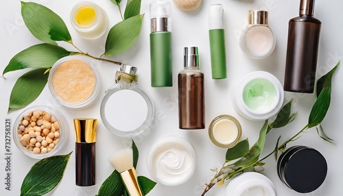top view of various cosmetic bottles and containers on white background