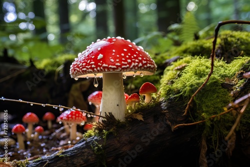 Close-up Poisonous Fly Agaric Mushroom: Forest Background