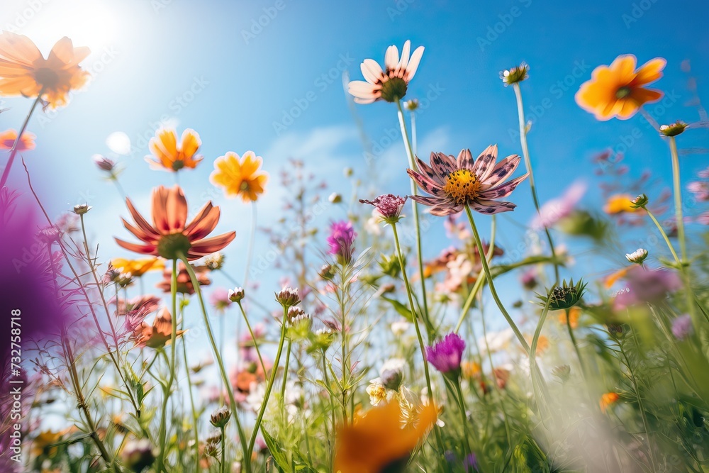 Colorful Daisies Against Blue Sky: Wildflower Heads