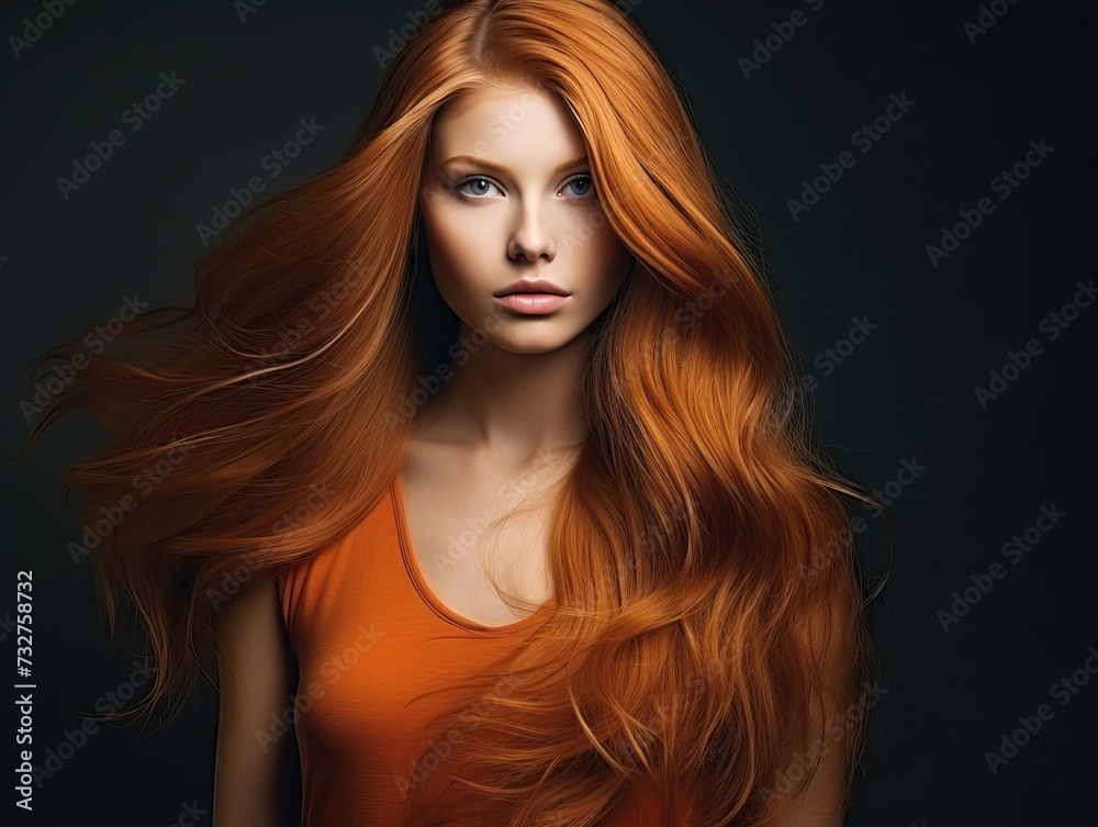 Red-Haired Woman in Red Dress Against Gray Background: Hair Care Red-Haired Woman in Red Dress Against Gray Background: Hair Care