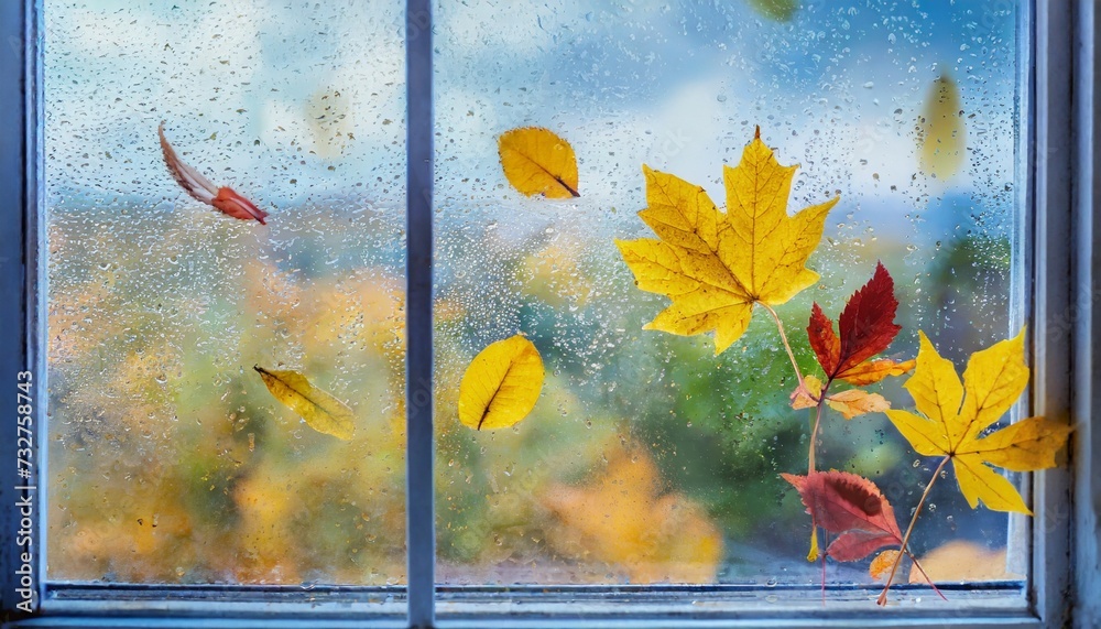 rainy day with autumn leaves on window glass outdoor concept of fall season generative ai