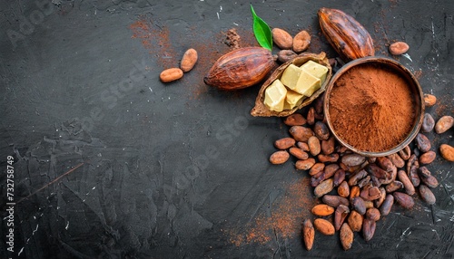 cocoa beans chocolate cocoa butter and cocoa powder on a black background top view free copy space © Alexander
