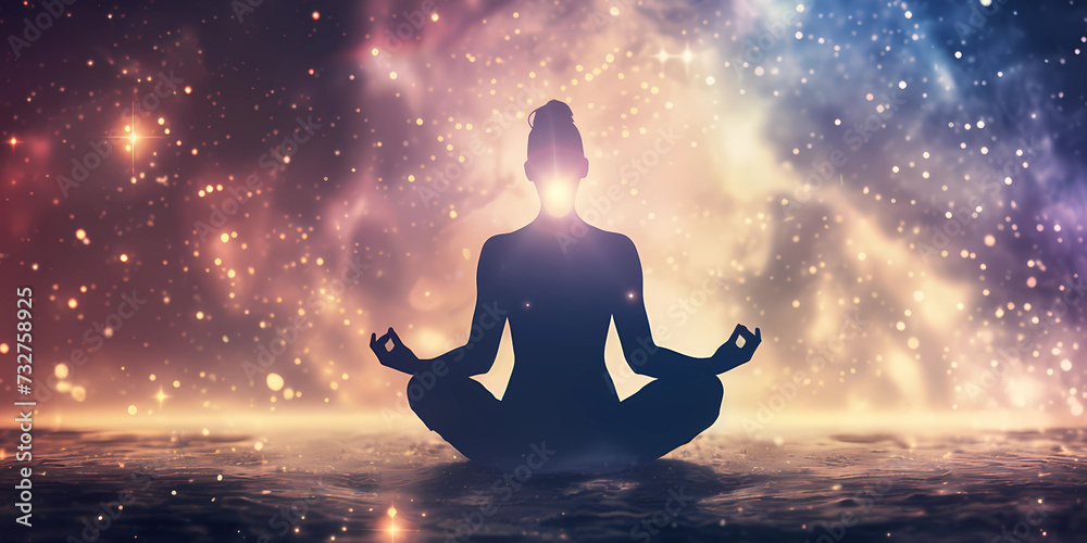 Silhouette of person meditating with a space sky background